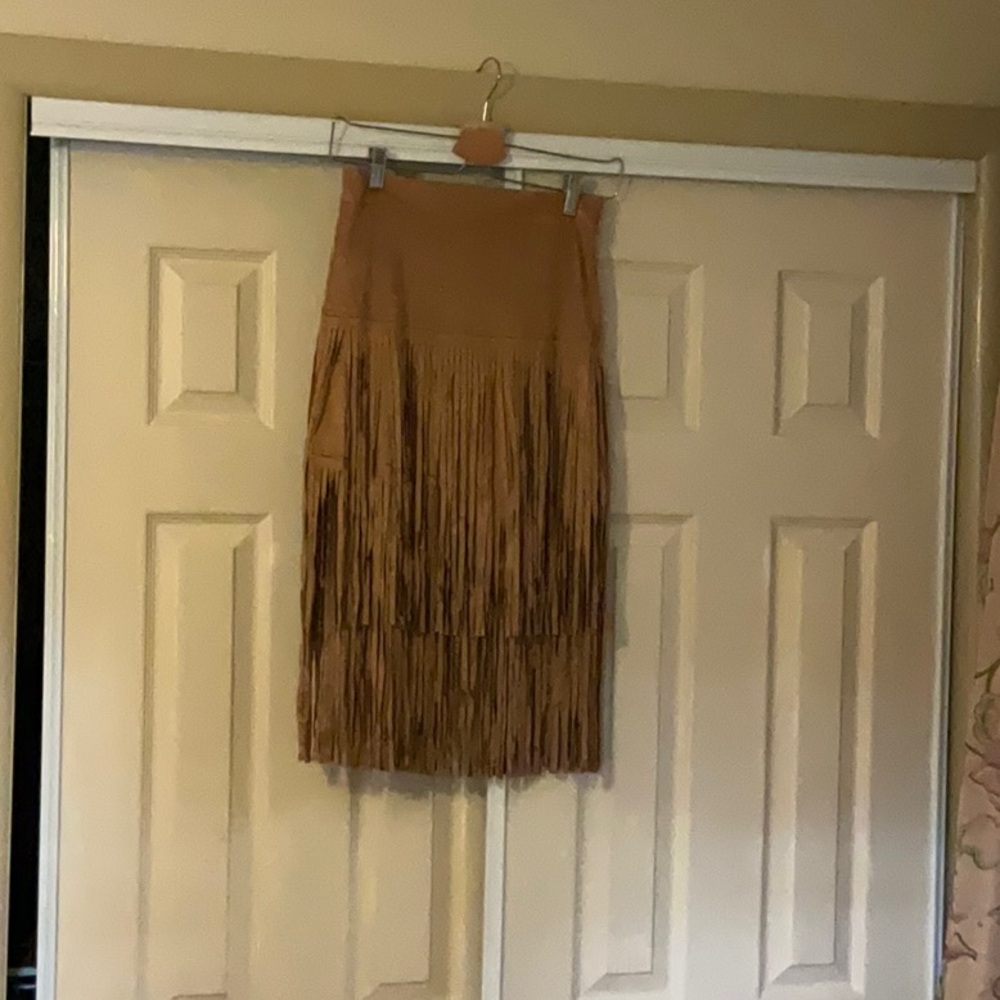 Brown fringed Midi Skirt , faux suede